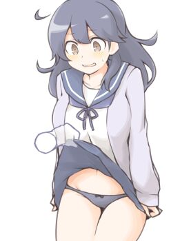 Rule 34 | 1girl, 1other, ahoge, akara kai, assisted exposure, black hair, black panties, blue neckerchief, blue sailor collar, blue skirt, blush, bow, bow panties, brown eyes, cardigan, clothes lift, commentary request, commission, disembodied hand, embarrassed, forced exposure, highres, humiliation, kantai collection, long hair, neckerchief, panties, pleated skirt, purple cardigan, sailor collar, school uniform, serafuku, skirt, skirt lift, underwear, upskirt, ushio (kancolle)