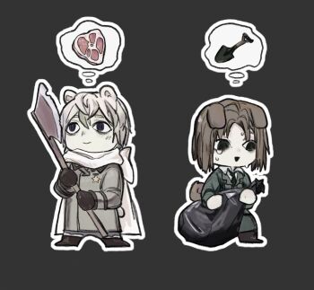 Rule 34 | 2boys, animal ears, arrow (symbol), axe, axis powers hetalia, bag, bear ears, bear tail, black boots, black eyes, black gloves, boots, breast pocket, brown boots, brown hair, chibi, chibi only, closed mouth, coat, collared coat, collared shirt, dog ears, dog tail, empty eyes, food, full body, gloves, green jacket, green necktie, green pants, grey background, grey coat, grey pants, hair between eyes, hands up, highres, holding, holding axe, holding bag, jacket, kemonomimi mode, kiguchi05, lapels, lithuania (hetalia), long sleeves, looking afar, looking up, male focus, meat, medal, military, military jacket, military uniform, multiple boys, necktie, open mouth, pale skin, pants, pocket, purple eyes, russia (hetalia), scarf, shirt, short hair, shovel, simple background, smile, speech bubble, standing, star ornament, sweat, tail, thought bubble, trash bag, white hair, white scarf, white shirt