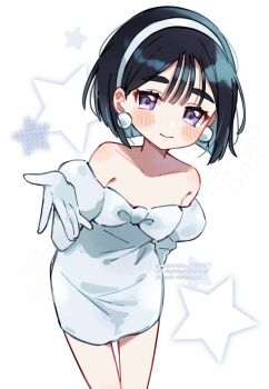 1girl alien_stage artist_name bare_shoulders black_hair blush closed_mouth collarbone cowboy_shot dot_nose dress elbow_gloves gloves hairband hand_up hashtag-only_commentary highres looking_at_viewer purple_eyes short_hair simple_background smile solo star_(symbol) strapless strapless_dress sua_(alien_stage) thick_eyebrows watermark white_background white_dress white_gloves white_hairband wispy_bangs yukomeow