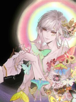 1boy animal animal_on_hand aqua_butterfly bishounen black_background blue_butterfly bug butterfly chest_tattoo chinese_commentary chromatic_aberration chunzhanjia commentary dated facial_mark flower_tattoo gloves green_butterfly halo halo_behind_head hand_up highres holding_hands insect insect_on_finger insect_on_shoulder lips long_hair looking_at_another luoyang_veggie_(the_tale_of_food) male_focus male_master_(the_tale_of_food) moth multicolored_hair multicolored_halo nail_polish nude orchid_mantis out-of-frame_censoring out_of_frame pink_butterfly pink_hair praying_mantis pubic_hair rainbow_halo red_butterfly simple_background solo_focus streaked_hair swept_bangs tattoo the_tale_of_food toned toned_male too_many too_many_butterflies upper_body white_gloves white_hair yellow_butterfly yellow_eyes yellow_nails