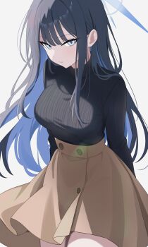 1girl absurdres arms_behind_back black_hair black_shirt blue_archive blue_eyes blue_hair blue_nns09 brown_skirt closed_mouth floating_hair grey_background halo highres looking_to_the_side saori_(blue_archive) shirt sidelocks skirt standing