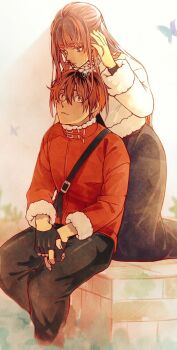 Rule 34 | 1boy, 1girl, black gloves, black pants, black skirt, bug, butterfly, coat, day, fern (sousou no frieren), fingerless gloves, gloves, hair between eyes, hetero, insect, kesyeru, kneeling, long hair, long sleeves, multicolored hair, outdoors, pants, red coat, red hair, short hair, sitting, skirt, sousou no frieren, stark (sousou no frieren), streaked hair, twitter username, very long hair, white coat