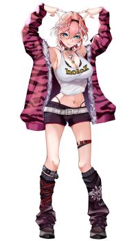 1girl absurdres arms_up black_bra black_leg_warmers black_shorts bra breasts cleavage closed_mouth commentary_request hair_ornament hairpin head_wings heart heart_o-ring highres hololive jacket large_breasts leg_warmers looking_at_viewer medium_hair na_nu_017 navel o-ring o-ring_thigh_strap pink_hair pink_jacket shirt shorts solo takane_lui thigh_strap tongue tongue_out underwear virtual_youtuber white_shirt wings