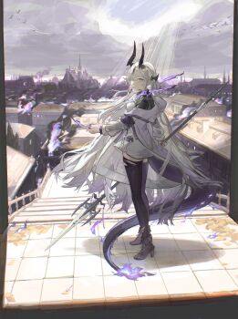 Rule 34 | 1girl, absurdres, arknights, black boots, black shirt, black thighhighs, blue eyes, boots, brown hair, building, cloud, cloudy sky, commentary, dragon girl, dragon horns, dragon tail, fire, fold-over boots, from side, hair over one eye, high heel boots, high heels, highres, holding, holding polearm, holding weapon, horns, jacket, long hair, long sleeves, looking at viewer, looking to the side, necrass (arknights), open clothes, open jacket, polearm, puffy long sleeves, puffy sleeves, purple fire, railing, shirt, shuimo, sky, smile, solo, spear, stairs, standing, tail, thighhighs, torn clothes, torn thighhighs, very long hair, weapon, white jacket