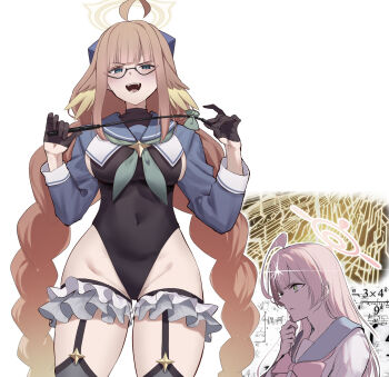 2girls :d ahoge black_leotard black_thighhighs blue_archive blue_sailor_collar blue_shrug blunt_bangs braid breasts commentary_request covered_navel cowboy_shot crotchless crotchless_leotard feather_hair frilled_thigh_strap garter_straps gloves green_eyes groin half_gloves halo hanako_(blue_archive) hand_on_own_chin hand_up highleg highleg_leotard highres holding holding_riding_crop huge_ahoge impossible_clothes impossible_leotard large_breasts leotard long_hair looking_at_another low_twin_braids low_twintails math multiple_girls open_mouth orange_hair pink_hair pink_halo riding_crop sailor_collar school_uniform serafuku shimiko_(blue_archive) shimiko_(magical)_(blue_archive) shitsugaikotsu shrug_(clothing) sidelocks simple_background smile solo_focus sparkle super_highleg teeth thigh_strap thighhighs tsurime twin_braids twintails upper_body v-shaped_eyebrows very_long_hair white_background wide-eyed yellow_halo