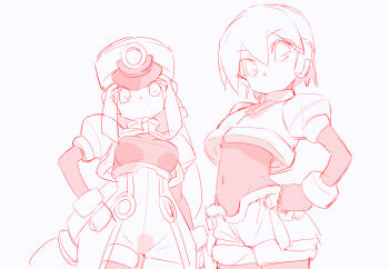 aile_(mega_man_zx) bodysuit bodysuit_under_clothes breasts closed_mouth commentary_request cowboy_shot cropped_jacket hand_on_own_hip hat high-waist_shorts kaidou_zx long_hair medium_breasts mega_man_(series) mega_man_zx monochrome prairie_(mega_man) red_theme robot_ears shako_cap short_hair shorts simple_background sketch smile white_background