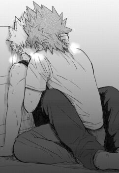 2boys bakugou_katsuki between_legs blush boku_no_hero_academia commentary_request french_kiss from_behind greyscale kirishima_eijiro kiss male_focus monochrome multiple_boys no_shoes pants screentones shirt short_hair spiked_hair sweat tango_nai tank_top yaoi