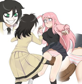 2girls artist_request asuka2004 bags_under_eyes black_hair bocchi_the_rock! cameltoe cunt_punt cuntbreaker gotoh_hitori green_eyes groin_attack groin_kick highres kuroki_tomoko multiple_girls pain panties pussy_pain pussy_torture self-upload source_request underwear watashi_ga_motenai_no_wa_dou_kangaetemo_omaera_ga_warui! white_background