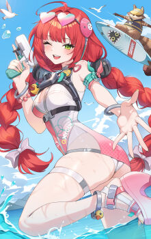 1girl absurdres ahoge ass bare_shoulders blue_sky bow bracelet breasts cleavage commentary day eyewear_on_head fingernails from_side green_eyes hair_bow hair_intakes hair_ornament hand_up hearing_aid heart heart-shaped_eyewear heart_sticker highres holding holding_water_gun jewelry kamanosuke_(zenless_zone_zero) kookie leg_up light_blush looking_at_viewer medium_breasts nail_polish offering_hand official_alternate_costume one-piece_swimsuit one_eye_closed open_mouth outdoors pink_one-piece_swimsuit red_hair skindentation sky smile solo sphere_hair_ornament standing sticker sticker_on_face sunglasses surfboard surfing swimsuit thigh_strap thighs toenail_polish toenails twintails two-tone_one-piece_swimsuit ukinami_yuzuha ukinami_yuzuha_(tanuki_in_broad_daylight) water_gun white_bow white_one-piece_swimsuit yellow_nails zenless_zone_zero