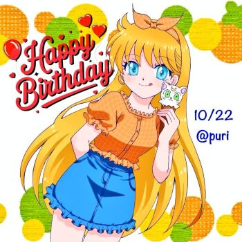 aino_minako artemis_(sailor_moon) bishoujo_senshi_sailor_moon blonde_hair blue_eyes blue_skirt bow earrings food frilled_skirt frills hair_bow heart heart_earrings ice_cream jewelry long_hair orange_bow orange_shirt purineko1 shirt skirt smile tongue tongue_out very_long_hair