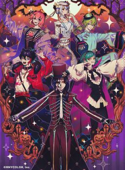 3boys 3girls :d ahoge akiakane alternate_costume animal_ears aqua_robe bandaged_arm bandaged_neck bandages bat_(animal) belt belt_buckle wallet_chain belt_collar black_belt black_cape black_collar black_corset black_flower black_footwear black_gloves black_hair black_hairband black_nails black_pants black_ribbon black_shirt black_vest blood blood_from_mouth blue_eyes bone boots border bracelet buckle cane cape chain changpao chinese_clothes circlet claw_pose closed_mouth coat coattails collar collared_shirt copyright_notice corset cosplay dress dress_shirt expressionless fangs feet_out_of_frame fingernails flower framed frankenstein's_monster frankenstein's_monster_(cosplay) frilled_shirt frilled_shirt_collar frilled_sleeves frills full_moon fur-trimmed_jacket fur_trim gloves green_hair green_skirt grin hair_between_eyes hair_flower hair_ornament hair_over_shoulder hair_ribbon hairband hakase_fuyuki half_gloves half_mask halloween_costume hand_to_own_mouth hand_up hat hat_ornament high_collar highres holding holding_cane jacket jewelry jiangshi jiangshi_costume kemonomimi_mode kitakoji_hisui lace-up_boots leg_up long_hair long_sleeves looking_at_viewer low_ponytail low_twintails mask medium_hair moon multicolored_hair multiple_boys multiple_girls multiple_rings mummy_costume neck_ribbon necktie nijisanji object_through_head off-shoulder_dress off_shoulder official_art open_clothes open_coat open_jacket open_mouth orange_background orange_eyes orange_ribbon outstretched_arm outstretched_arms pants patchwork_clothes patchwork_skin pink_cape pink_eyes pink_hair pinstripe_pants pinstripe_pattern pinstripe_vest ponytail print_shirt puffy_long_sleeves puffy_sleeves purple_border purple_coat qingdai_guanmao red_belt red_coat red_eyes red_hair red_headwear red_jacket red_pants ribbon ring robe saegusa_akina sam_browne_belt sasaki_saku screw_in_head sharp_fingernails shellin_burgundy shibuya_hajime shirt short_hair short_sleeves skeleton_print skirt skull_mask skull_print smile sparkle splatter_print standing stitched_face stitches streaked_hair striped_border striped_clothes striped_shirt suspenders t-shirt tail tie_clip top_hat twintails two-sided_cape two-sided_fabric vampire_costume vest virtual_youtuber white_dress white_flower white_hair white_necktie white_shirt wide_sleeves wolf_boy wolf_ears wolf_tail yellow_eyes zipper