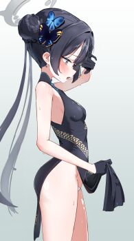 1girl absurdres arm_up black_dress black_gloves blue_archive blush braid braided_bun breasts butterfly_hair_ornament china_dress chinese_clothes clothes_lift clothing_cutout commentary double_bun dragon_print dress dress_lift from_side gloves gradient_background grey_background grey_eyes grey_halo hair_bun hair_ornament half-closed_eyes halo hand_up highres hip_vent kisaki_(blue_archive) lifting_own_clothes loli long_hair looking_down maebari open_mouth panties pelvic_curtain pelvic_curtain_lift profile simple_background sleeveless sleeveless_dress small_breasts solo standing sweat thighs twintails underwear urashima_jiro very_long_hair white_panties wiping_sweat