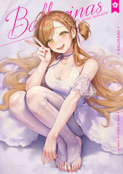 1girl asha_(bangsom) ballerina ballet bandaged_foot bandages bangsom bare_shoulders blush braid braided_bangs breasts bridal_legwear brown_eyes brown_hair bruise bruise_on_leg choker cleavage collarbone commentary_request dress feet frilled_choker frills hair_bun hair_ribbon highres injury long_hair looking_at_viewer mole mole_under_eye no_shoes open_mouth original pantyhose ribbon sitting smile solo stirrup_legwear sweat teeth toeless_legwear toes tutu upper_teeth_only v very_long_hair white_choker white_dress white_pantyhose