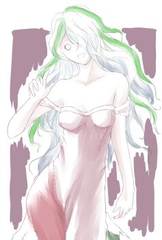 1girl dress fairy_(grimms_notes) gren_hair grey_hair grimms_notes multicolored_hair patchwork_clothes qina smile solo two-tone_hair