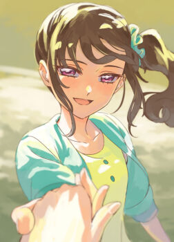 1girl 1other :d ambiguous_gender bangs_blown_up blue_jacket blue_scrunchie blurry blurry_background blurry_foreground brown_hair buttons choppy_bangs commentary crew_neck cropped_jacket dappled_sunlight depth_of_field floating_hair hair_ornament hair_scrunchie holding_hands jacket long_hair lower_eyelashes_only nekoyashiki_mayu offering_hand official_style open_mouth pov pov_hands precure purple_eyes reaching reaching_towards_viewer scrunchie smile solo_focus sunlight symbol-only_commentary three-quarter_sleeves upper_body vest wonderful_precure! yellow_vest yoko.u