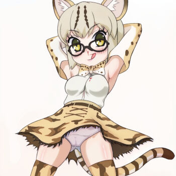 1girl animal_ears animal_print arms_behind_head arms_up belt blood blush bow bowtie breasts brown_belt brown_hair cameltoe cat_ears cat_girl cat_tail crotch_seam gloves highres kemono_friends looking_at_viewer margay_(kemono_friends) margay_ears margay_tail medium_breasts nosebleed orange_bow orange_bowtie orange_gloves orange_skirt orange_thighhighs panties pink_panties polka_dot polka_dot_bow polka_dot_bowtie polka_dot_gloves print_bow print_bowtie print_gloves print_skirt print_thighhighs shirt short_hair skirt sleeveless sleeveless_shirt smile standing t_jiroo_(ringofriend) tail thighhighs tongue tongue_out underwear white_background white_shirt wind wind_lift yellow_eyes
