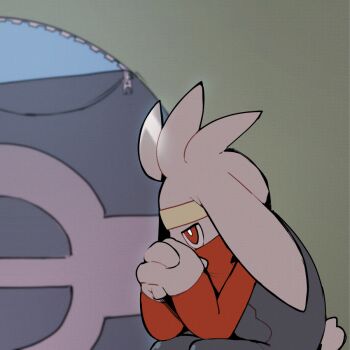 bag doodlerush gen_8_pokemon interlocked_fingers jitome nintendo no_humans own_hands_together pokemon pokemon_(creature) raboot sitting solo