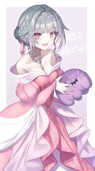 Rule 34 | 1girl, bare shoulders, braid, breasts, cleavage, collarbone, dress, gem, grey hair, hair bun, highres, holding, ibara nemu, indie virtual youtuber, long sleeves, looking at viewer, medium breasts, memento vivi, multicolored hair, off-shoulder dress, off shoulder, open mouth, pink dress, pink eyes, pink gem, pink hair, puffy long sleeves, puffy sleeves, smile, virtual youtuber, white tiara