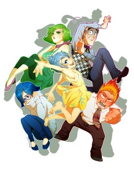 2boys 3girls anger_(inside_out) animification bad_id bad_pixiv_id barefoot blue_eyes blue_hair disgust_(inside_out) disney fear_(inside_out) glasses green_eyes green_hair inside_out joy_(inside_out) multiple_boys multiple_girls mum_(pixiv1182764) necktie open_mouth personification pixar red_hair sadness_(inside_out) short_hair smile