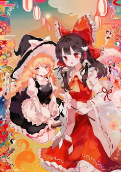Rule 34 | 6+girls, :d, apron, ascot, black hair, black hat, black skirt, black vest, blonde hair, blue hair, blue skirt, bow, braid, broom, broom riding, brown hair, camera, closed mouth, colorful background, comkdom, commentary request, detached sleeves, dress, egasumi, frilled skirt, frills, frog hair ornament, gohei, green bow, green eyes, green hair, grey hair, hair bow, hair ornament, hakurei reimu, hand fan, hat, hat bow, hauchiwa, highres, holding, holding camera, holding fan, holding gohei, holding umbrella, izayoi sakuya, kirisame marisa, kochiya sanae, lantern, long hair, long sleeves, looking at another, medium hair, moriya suwako, multiple girls, open mouth, paper lantern, pink dress, pink hat, puffy short sleeves, puffy sleeves, red ascot, red bow, red eyes, red hat, red ribbon, red shirt, red skirt, reitaisai, remilia scarlet, ribbon, ribbon-trimmed sleeves, ribbon trim, shameimaru aya, shirt, short hair, short sleeves, side braid, side braids, single braid, skirt, sleeveless, sleeveless shirt, smile, tokin hat, touhou, umbrella, vest, waist apron, white apron, white bow, white shirt, white sleeves, wide sleeves, wings, witch hat, yellow eyes, yin yang