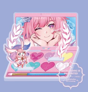 1girl ;) blue_background commentary_request cyrene_(honkai:_star_rail) cyrene_(ripples_of_past_reverie)_(honkai:_star_rail) diamond-shaped_pupils diamond_(shape) flower hair_flower hair_ornament highres honkai:_star_rail honkai_(series) long_hair makeup mem_(honkai:_star_rail) one_eye_closed pink_hair pointy_ears purple_eyes shiba_(tonari_no_shiba_inu) smile symbol-shaped_pupils twitter_username