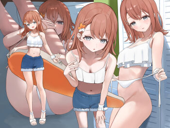Rule 34 | 1girl, :d, bare legs, bare shoulders, bikini, blue shorts, blush, braid, breasts, brown hair, cleavage, collarbone, commentary, convenient censoring, cowboy shot, denim, denim shorts, flower, full body, grey eyes, groin, hair flower, hair ornament, hairclip, hanasato minori, hand on own thigh, hand up, highres, holding, leaning back, leaning forward, legs up, looking at viewer, lying, medium hair, midriff, multiple views, navel, on back, on bed, open mouth, parallel hairclips, parted lips, project sekai, ruffle bikini, scrunchie, short shorts, shorts, side braid, sidelocks, small breasts, smile, spaghetti strap, standing, stomach, sweat, swimsuit, unworn bikini bottom, usagi melon3, v, white bikini, white scrunchie, wrist scrunchie