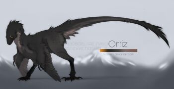 animal_focus artist_name black_feathers claws closed_mouth commentary dinosaur english_commentary fangs feathered_arms feathered_dinosaur feathers full_body haskiens no_humans original raptor reference_sheet simple_background solo standing tail utahraptor velociraptor watermark