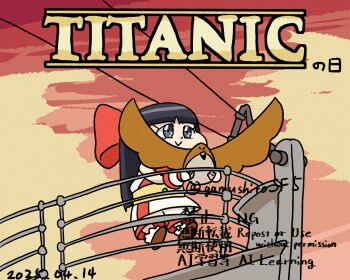 Rule 34 | 1girl, ainu clothes, artist name, black hair, chibi, cruiser, dated, fingerless gloves, gloves, grey eyes, hair ribbon, japanese text, legs, long hair, looking at viewer, mamahaha, military vehicle, nakoruru, pants, parody, ribbon, samurai spirits, ship, smile, snk, the king of fighters, thighs, titanic (movie), translation request, warship, watercraft