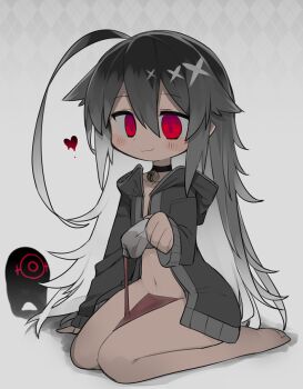 1girl :3 ahoge argyle_background bag barefoot bell black_choker choker closed_mouth commentary_request creature dark-skinned_female dark_skin deformed full_body gradient_background grey_background hair_flaps hand_up heart holding holding_bag hood hood_down hoodie huge_ahoge jingle_bell kisaragi_kaya loli long_hair long_sleeves naked_hoodie navel neck_bell open_clothes open_hoodie original pouring pouring_onto_self red_eyes seiza sitting smile solo squeezing very_long_hair wakamezake yste