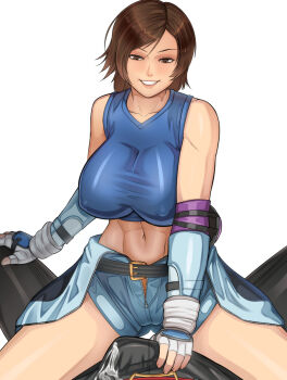 1boy 1girl breasts brown_hair bulge cirenk cum cum_in_clothes domination erection handjob handjob_over_clothes hetero highres kamiya_shin kazama_asuka large_breasts navel premature_ejaculation shorts skirt tekken tekken_7 tekken_blood_vengeance tekken_tag_tournament_2 zipper_skirt