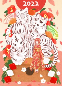 1girl brown_eyes brown_hair flower food fruit geta hair_flower hair_ornament hand_fan highres japanese_clothes kimono leaf light_smile looking_at_viewer medium_hair new_year orange_(fruit) original socks tiger white_socks white_tiger yanagima_yu03
