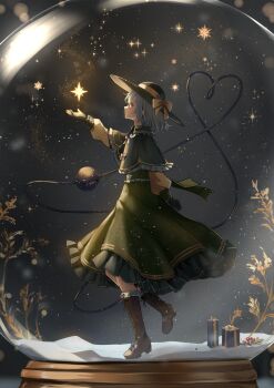1girl black_hat boots bow brown_boots capelet christmas_present commentary_request from_side gift gloves green_capelet green_eyes green_skirt green_vest grey_hair hat hat_bow highres in_snow_globe komeiji_koishi medium_hair shironeko_yuuki shirt skirt smile snow_globe solo star_(sky) third_eye touhou vest winter_gloves yellow_bow yellow_shirt