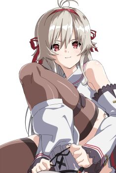 1girl antenna_hair assault_lily bare_shoulders black_skirt boots brown_thighhighs closed_mouth commentary cowboy_shot detached_sleeves from_below grey_hair hair_between_eyes hair_ribbon hairband kawakubo_orika knee_up lace-up_boots leg_warmers light_blush long_hair long_sleeves looking_at_viewer miniskirt mototenn red_eyes red_hairband red_ribbon ribbon sailor_collar school_uniform serafuku shirt simple_background single_horizontal_stripe sitting skindentation skirt sleeveless sleeveless_shirt smile solo striped_clothes striped_skirt thigh_strap thighhighs tying_footwear white_background white_boots white_leg_warmers white_sailor_collar white_shirt