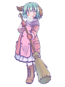 Rule 34 | 1girl, :d, animal ears, blush, boots, breath, broom, brown boots, buttons, coat, commentary request, dog ears, full body, gloves, green eyes, green hair, holding, holding broom, kasodani kyouko, leggings, long sleeves, open mouth, pink coat, pleated skirt, rangycrow, red gloves, short hair, skirt, smile, solo, touhou, white background, white leggings, white skirt, winter clothes