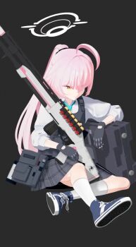 1girl 3d :3 ^_^ abydos_high_school_logo ahoge ammunition animated ballistic_shield beretta_1301 beretta_92 black_background black_gloves blender_(medium) blue_archive blue_eyes blue_necktie blue_shoes bulletproof_vest closed_eyes closed_mouth collared_shirt dress_shirt facing_viewer fingerless_gloves full_body gloves grey_skirt grin gun hair_between_eyes hair_flaps halo handgun happy heterochromia highres hoshino_(armed)_(blue_archive) hoshino_(blue_archive) huge_ahoge invisible_floor long_hair looking_at_viewer miniskirt necktie official_alternate_hairstyle on_floor pink_hair plaid_clothes plaid_skirt pleated_skirt ponytail pouch rumshon0022 school_emblem school_uniform shield shirt shoe_soles shoes shotgun shotgun_shell simple_background sitting skirt sleeves_pushed_up smile sneakers socks solo tactical_school_uniform tagme teeth three-quarter_sleeves very_long_hair video waving weapon white_halo white_shirt white_socks yellow_eyes