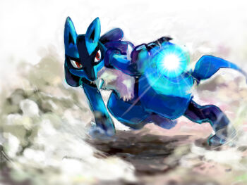 arm_support commentary_request dust full_body gen_4_pokemon isumimax lucario magic nintendo no_humans pokemon pokemon_(creature) red_eyes standing standing_on_one_leg