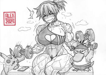 >_< ^^^ abs alternate_muscle_size artalexc bandana biceps blush bra breasts cellphone choker cigarette cleavage cleavage_cutout closed_eyes clothing_cutout dumbbell ear_piercing earrings exercising female_pubic_hair fingerless_gloves gen_1_pokemon gloves headband heart_cutout highleg holding jewelry landscape large_breasts misty_(pokemon) muscular muscular_arms muscular_female muscular_legs navel navel_piercing neck_bell nintendo obliques open_mouth phone piercing pikachu pokemon pokemon_(anime) pokemon_(classic_anime) ponytail psyduck pubic_hair short_hair shorts sitting smartphone smile smoking sports_bra sportswear steam steaming_body sweat talking tank_top thighs underwear veins veiny_arms weightlifting weights wet