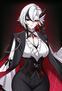 1girl absurdres arlecchino_(genshin_fes_2026)_(genshin_impact) arlecchino_(genshin_impact) black_cape black_eyes black_hair black_pants breasts cape charlie_purrito cleavage cleavage_cutout closed_mouth clothing_cutout commentary english_commentary genshin_impact hair_between_eyes hair_ornament highres large_breasts long_sleeves looking_at_viewer multicolored_hair official_alternate_costume pants red_cape red_pupils shirt simple_background smile solo streaked_hair symbol-shaped_pupils two-sided_cape two-sided_fabric white_hair white_shirt x-shaped_pupils