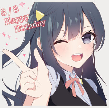 1girl ;d black_hair black_vest border collared_shirt commentary dated double-parted_bangs grey_eyes hair_ornament happy_birthday highres konorua511 looking_at_viewer love_live! love_live!_nijigasaki_high_school_idol_club neck_ribbon nijigasaki_school_uniform one_eye_closed one_side_up open_mouth pink_ribbon ribbon school_uniform shirt simple_background smile solo sparkle summer_uniform teeth triangle_hair_ornament upper_teeth_only vest white_background white_border white_shirt yuki_setsuna
