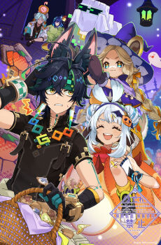 Rule 34 | + +, 2girls, 3boys, absurdres, ajaw (genshin impact), animal ear fluff, animal ears, arm tattoo, bandaid, bandaid on leg, basket, black gloves, black hair, black hood, black shirt, blonde hair, blue eyes, blue hair, braid, cacucu (genshin impact), capelet, closed eyes, closed mouth, earrings, fingerless gloves, fox ears, genshin impact, gloves, green eyes, green headband, hair between eyes, halloween, happy halloween, hat, headband, highres, holding, holding basket, ifa (genshin impact), itsumono katze, jacket, jewelry, kachina (genshin impact), kinich (genshin impact), long hair, mualani (genshin impact), multicolored hair, multiple boys, multiple girls, neck tattoo, open mouth, ororon (genshin impact), purple capelet, purple hat, shirt, short hair, short sleeves, streaked hair, tattoo, teeth, two-tone gloves, white gloves, white hair, white jacket, witch hat