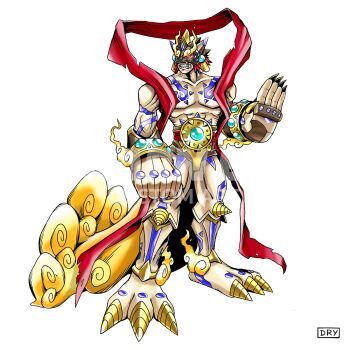 belt claws digimon digimon_(creature) dry_designs furry furry_male gauntlets highres labramon mask oridigi solo standing tail