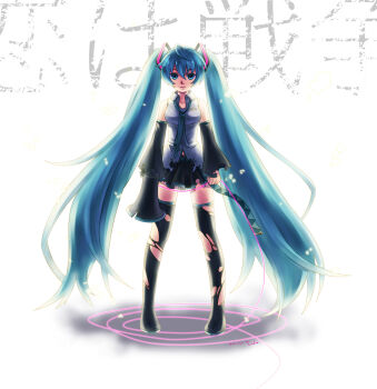 1girl black_boots black_skirt black_sleeves blue_eyes blue_hair blue_necktie boots breasts closed_mouth collared_shirt commentary_request crodire detached_sleeves expressionless full_body grey_shirt hatsune_miku highres holding holding_megaphone holding_string koi_wa_sensou_(vocaloid) long_hair long_sleeves looking_at_viewer medium_breasts megaphone miniskirt necktie pleated_skirt shirt simple_background skirt sleeveless sleeveless_shirt solo string thigh_boots torn_boots torn_clothes torn_necktie torn_shirt torn_skirt torn_sleeves twintails very_long_hair vocaloid white_background