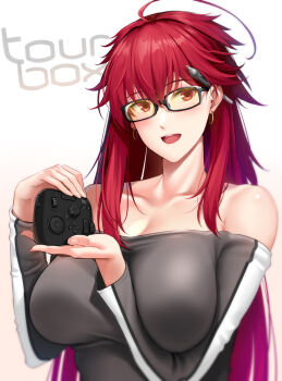 1girl ahoge breasts cleavage collarbone commentary_request controller cropped_torso earrings glasses grey_shirt hair_between_eyes holding holding_controller jewelry large_breasts long_hair long_sleeves looking_at_viewer object_behind_ear okitakung open_mouth original rectangular_eyewear red_eyes red_hair shirt sidelocks simple_background smile solo sponsor stylus_behind_ear teeth tongue tourbox upper_body upper_teeth_only white_background