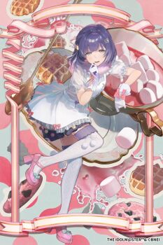 1girl artist_request bad_source chocolate_chip_cookie cookie copyright_notice cup dress food food-themed_background frilled_sleeves frills full_body gakuen_idolmaster gloves hair_ornament hairclip hataya_misuzu high_heels highres idolmaster looking_at_viewer marshmallow mole mole_under_mouth official_art pink_ribbon pink_shoes plate puffy_short_sleeves puffy_sleeves purple_hair ribbon saucer second-party_source shoes short_hair short_sleeves smile solo spoon standing standing_on_one_leg tea teacup thighhighs waffle white_dress white_gloves white_thighhighs
