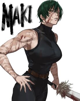 1girl belt black_pants black_shirt blood blood_on_arm blood_on_chest blood_on_clothes blood_on_face blood_on_hands blood_on_shoulder blood_splatter bloody_weapon breasts brown_belt burn_scar commentary cropped_legs english_text facial_scar green_hair highres jujutsu_kaisen large_breasts pants parted_lips scar scar_across_eye scar_on_arm scar_on_cheek scar_on_face scar_on_neck shirt short_hair simple_background sleeveless sleeveless_turtleneck solo solo_focus split_soul_katana_(jujutsu_kaisen) taiyang_yu turtleneck weapon white_background yellow_eyes zen'in_maki