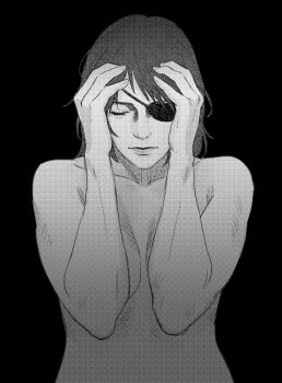 1216liddell 1girl black_background breasts cleavage closed_eyes closed_mouth collarbone eyepatch greyscale hands_on_own_head hange_zoe medium_breasts medium_hair monochrome one_eye_covered screentones shingeki_no_kyojin solo topless_female upper_body wavy_hair