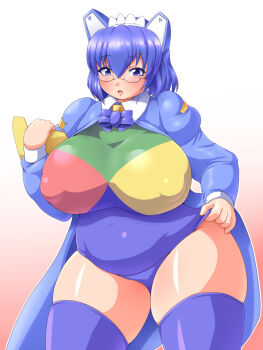 Rule 34 | 1girl, 2k-tan, :o, adjusting clothes, adjusting leotard, belly, big belly, blue bow, blue bowtie, blue coat, blue eyes, blue hair, blue leotard, blue thighhighs, bow, bowtie, breasts, coat, covered erect nipples, fat, fat woman, folder, glasses, gradient background, green leotard, hair between eyes, hand up, headgear, holding, holding folder, huge breasts, juliet sleeves, kuma (kumahoihoi), legs apart, leotard, long sleeves, maid headdress, multicolored leotard, open clothes, open coat, open mouth, os-tan, outline, puffy sleeves, red leotard, short hair, skindentation, solo, standing, thick thighs, thighhighs, thighs, white outline, wide hips, yellow leotard