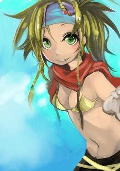 1girl bikini blonde_hair blue_headband braid breasts cleavage final_fantasy final_fantasy_x final_fantasy_x-2 green_eyes hair_ornament headband long_hair looking_at_viewer medium_breasts navel rikku_(ff10) ruu_bot scarf simple_background smile solo swimsuit