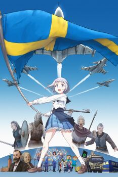 abba_(band) absurdres aircraft airplane blue_eyes braid fighter_jet flag flats half_up_braid highres holding holding_sword holding_weapon ikea katsuragi_lilja military_vehicle minecraft motor_vehicle shield simple_background smoke smoke_trail specinef sweden swedish_flag sword truck viking weapon white_hair