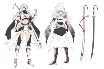 1girl abs armor black_gloves black_scarf blue_eyes blue_hair breasts clothing_cutout commentary_request commission eyepatch faulds flat_color from_behind full_body gauntlets gloves highres large_breasts long_hair looking_at_viewer multiple_views mytea_(soso) navel original prosthesis prosthetic_arm scarf sheath sheathed shin_guards shoulder_armor skeb_commission solo standing sword tassel thigh_cutout waist_cape weapon weapon_on_back